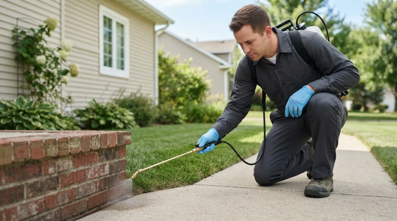 Pest control technician treating a home near Wakarusa, IN